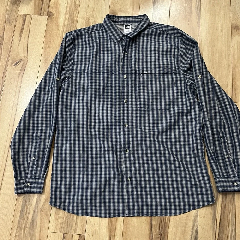 The North Face Mens XL Blue Plaid Button Up Long Sleeve Shirt Zip Pocket Modal